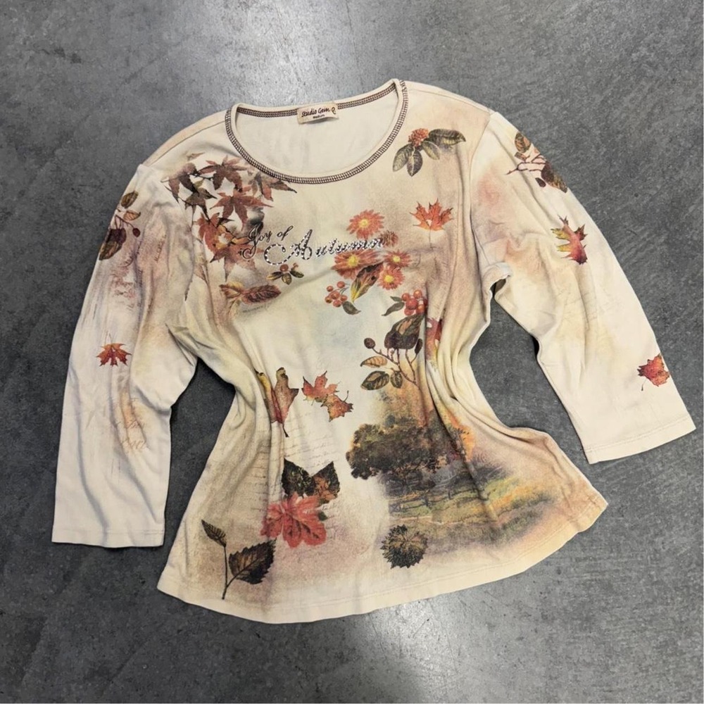 Studio Gem Q Joy of Autumn Top Womens M Fall Leaves Rhinestone 3/4 Sleeve